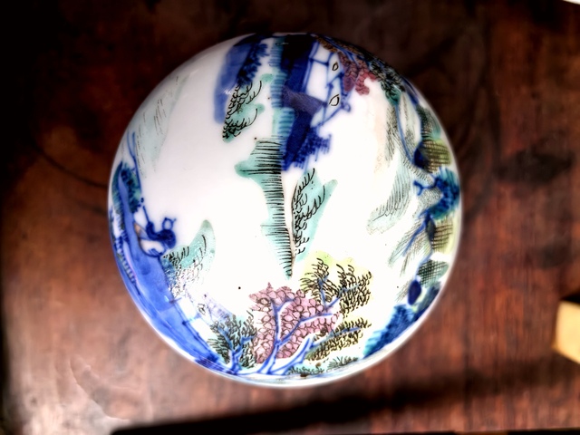 古玩陶瓷晚清青花加彩山水人物紋印盒拍賣,當前價格6500元