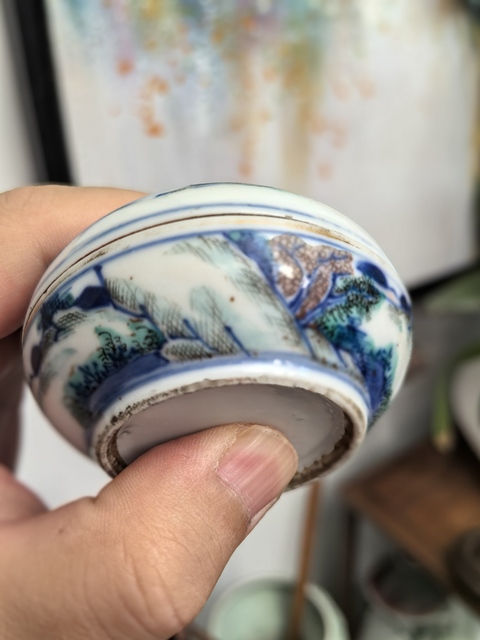 古玩陶瓷晚清青花加彩山水人物紋印盒拍賣,當前價格6500元