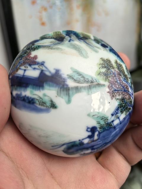 古玩陶瓷晚清青花加彩山水人物紋印盒拍賣,當前價格6500元