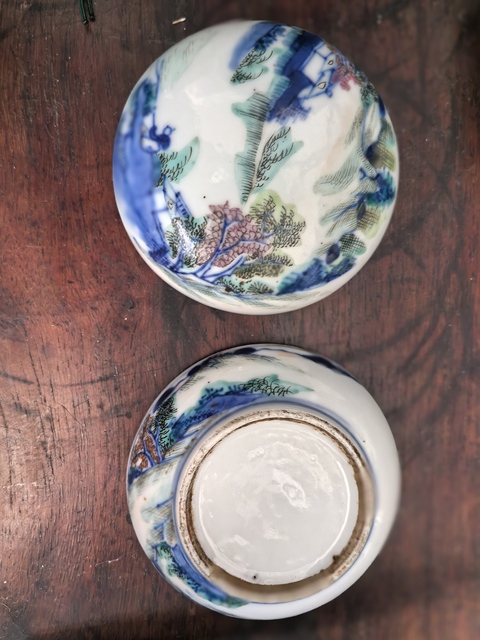 古玩陶瓷晚清青花加彩山水人物紋印盒拍賣,當前價格6500元