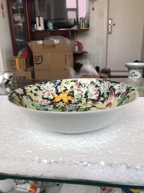 古玩陶瓷墨地粉彩百花紋大碗拍賣，當前價格1050元