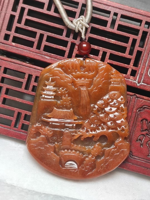 古玩玉器天然紅翡山水玉墜(帶鑒定證書)拍賣,當前價格900元