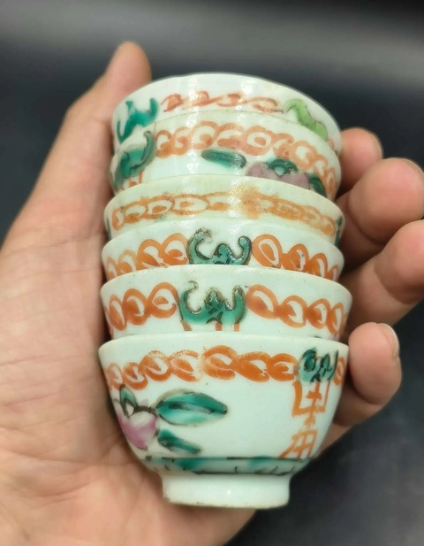 古玩陶瓷粉彩福壽紋杯六個拍賣,當前價格888元