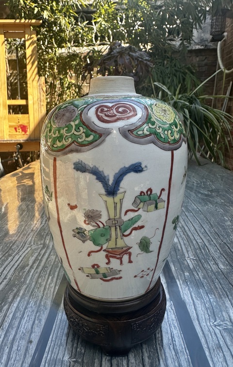 古玩陶瓷康熙精品五彩博古花卉紋罐拍賣,當前價格16888元