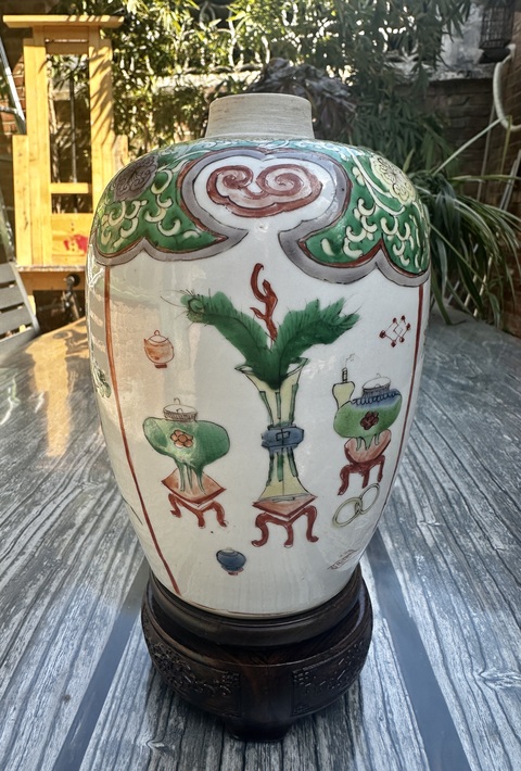 古玩陶瓷康熙精品五彩博古花卉紋罐拍賣,當前價格16888元