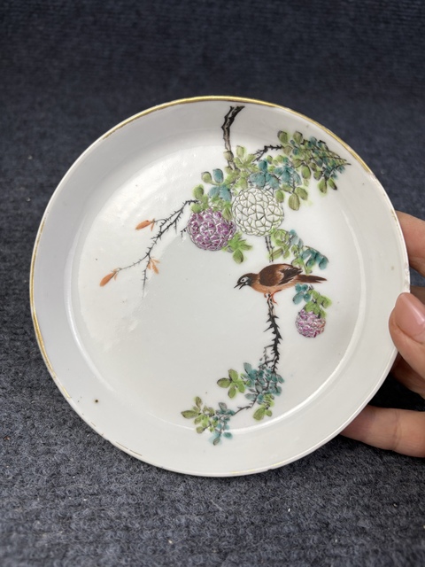 古玩陶瓷淺降彩枝頭花鳥紋銅鑼洗拍賣，當前價格3588元