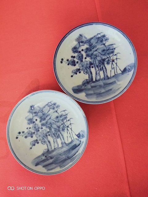 古玩陶瓷青花松竹梅紋盤一對拍賣,當前價格658元