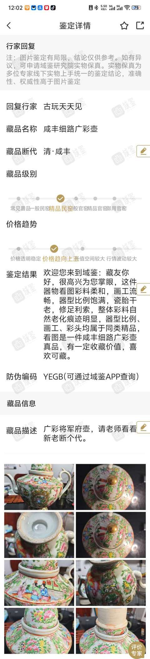 古玩陶瓷咸豐細路廣彩將軍壺拍賣,當前價格1380元