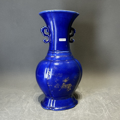 古美術 清 藍釉双耳花瓶　瑠璃釉　高さ約19.5cm 花入　中国美術 古美術 清 藍釉双耳花瓶 瑠璃釉 高さ約19.5cm 花入 中国美術