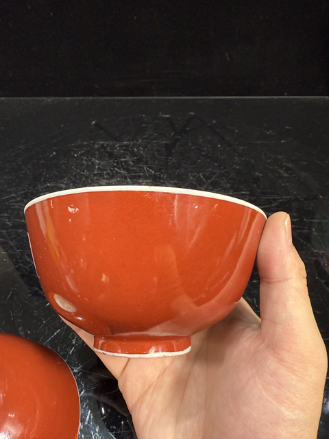 古玩陶瓷清末民初·珊瑚紅釉碗一對真品鑒賞圖