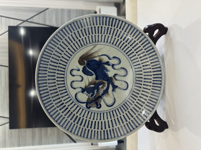 古玩陶瓷清乾隆青花釉里紅獅子滾繡球盤拍賣，當前價格966元