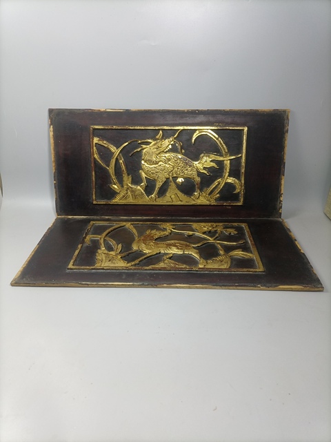 古玩雜項清代木雕花板兩塊拍賣,當前價格158元