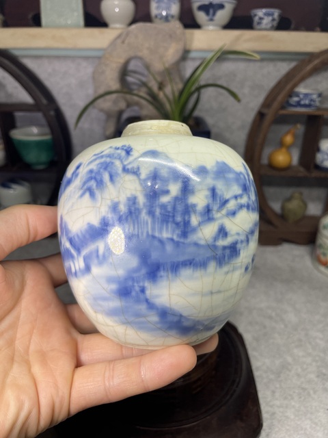 古玩陶瓷雍正青花山水人物紋罐拍賣，當前價格2599元
