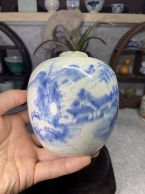 古玩陶瓷雍正青花山水人物紋罐拍賣，當前價格2599元