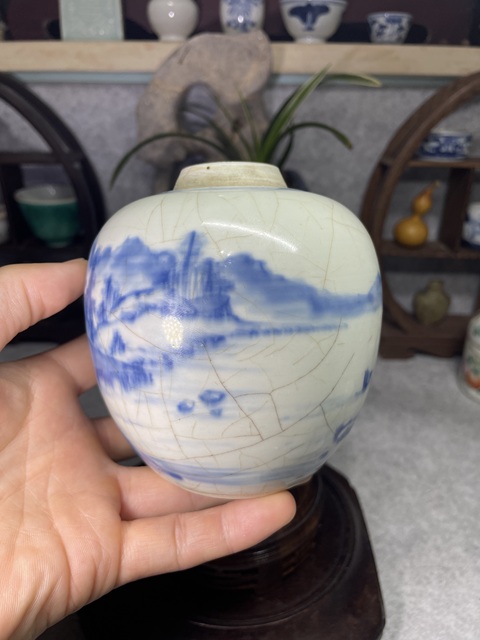 古玩陶瓷雍正青花山水人物紋罐拍賣，當前價格2599元