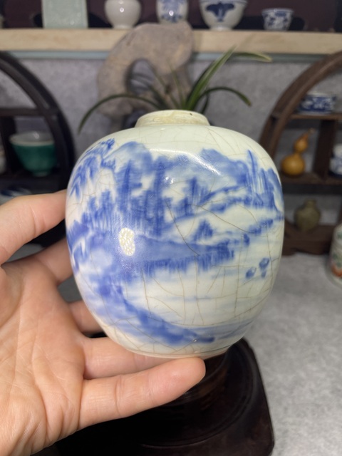 古玩陶瓷雍正青花山水人物紋罐拍賣，當前價格2599元
