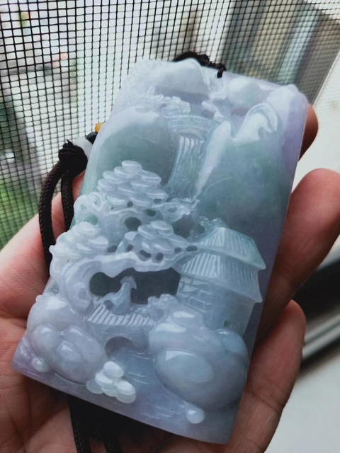 古玩玉器天然翡翠雕刻山水紋飾牌拍賣,當前價格2280元