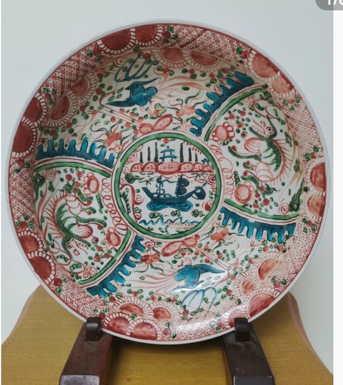 古玩陶瓷綠彩藍彩花鳥龍帆船紋盤拍賣，當前價格6800元