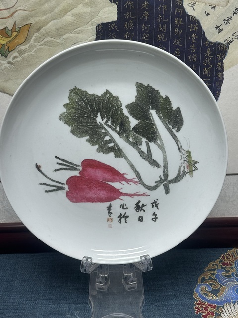 古玩陶瓷70年代精品刻瓷白菜盤拍賣,當(dāng)前價格298元