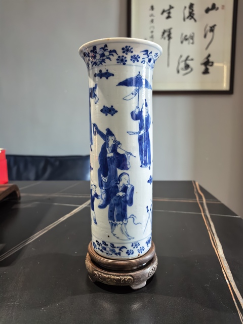 古玩陶瓷晚清青花市井人物箭筒拍賣，當前價格5188元