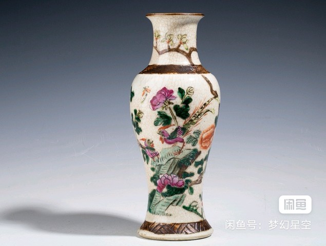 中国古美術 清の時代　哥釉五彩 花鳥文花瓶　高さ30cm 中国古美術 清の時代 哥釉五彩 花鳥文花瓶 高さ30cm