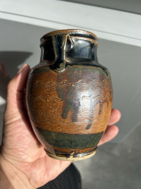 古玩陶瓷明代?雙色釉刻水波紋雙系罐拍賣，當前價格3666元
