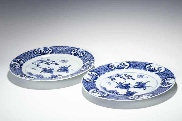 古玩陶瓷清康熙·青花狩獵圖折沿盤一對真品鑒賞圖