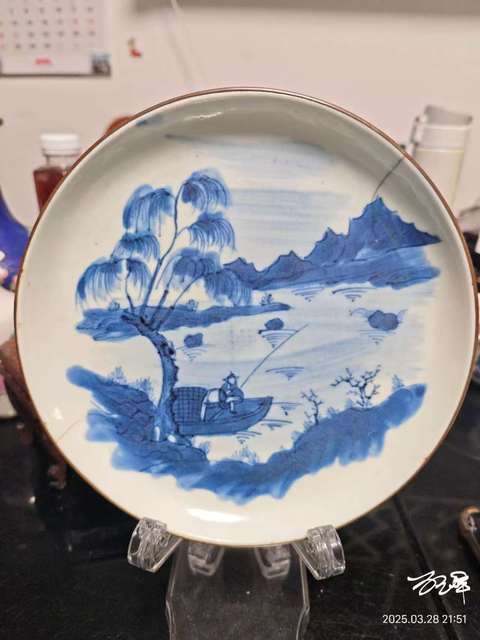 古玩陶瓷晚清青花山水人物盤拍賣，當前價格388元