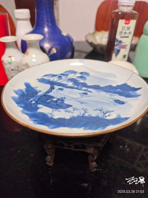 古玩陶瓷晚清青花山水人物盤拍賣，當前價格388元