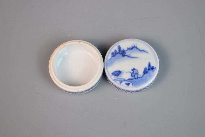 古玩陶瓷清早期青花山水人物紋印泥盒拍賣，當前價格600元