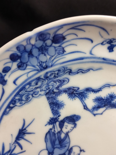 古玩陶瓷清道咸·三娘教子圖青花臥足盤拍賣，當前價格2666元
