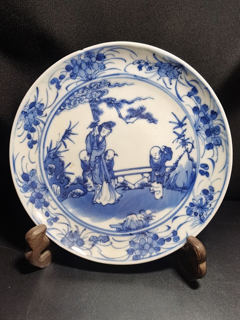 古玩陶瓷清道咸·三娘教子圖青花臥足盤拍賣，當前價格2666元