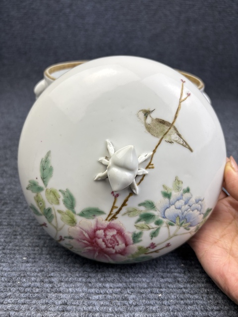 古玩陶瓷粉彩富貴白頭大蓋缸拍賣,當前價格4588元