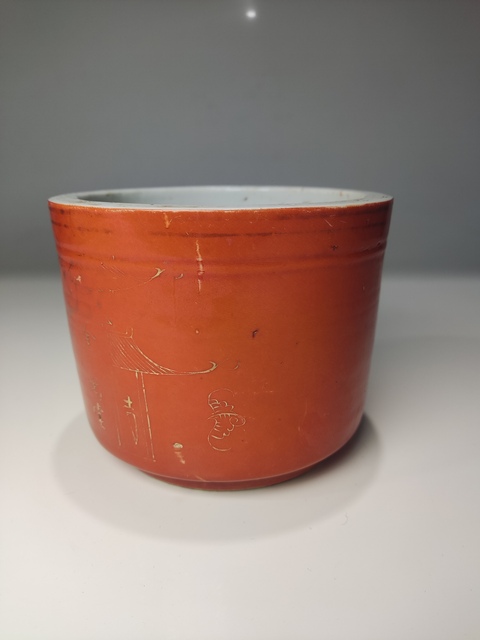 古玩陶瓷清末民初·礬紅描金筒式香爐拍賣,當前價格1200元