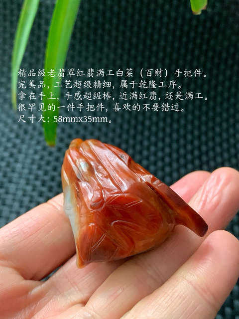 古玩玉器清代翡翠雕白菜“百財(cái)”手把件拍賣，當(dāng)前價(jià)格46000元