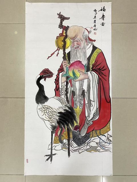 古玩字畫名家真跡福壽圖純手繪字畫有合影純手繪國畫精品收藏結緣拍賣,當前價格899元