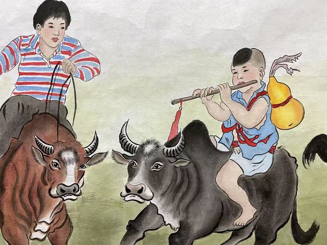 古玩字畫精品五牛圖名家真跡純手繪有合影字畫四尺橫幅國畫收藏結緣拍賣,當前價格899元