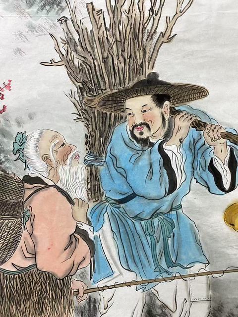 古玩字畫有合影精品人物真跡純手繪名家字畫收藏國畫漁樵自樂圖四尺豎幅拍賣,當前價格899元