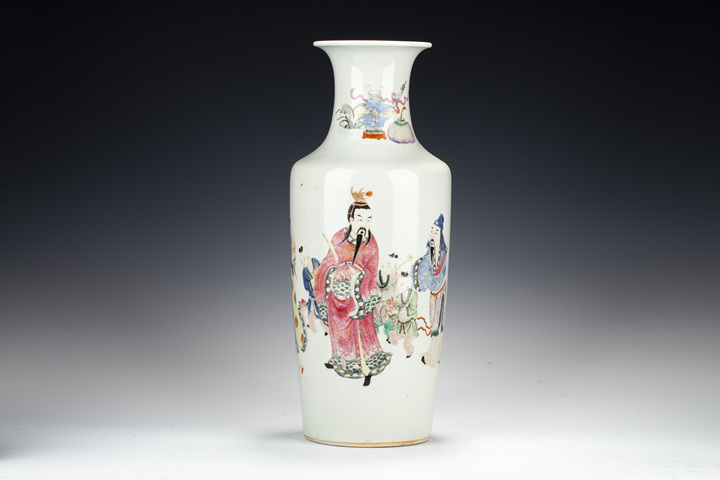 古玩陶瓷清末民初·粉彩福祿壽三星報喜圖軟棒槌瓶拍賣，當前價格39999元