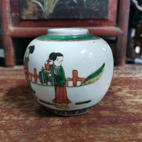 古玩陶瓷民國五彩人物故事紋茶葉罐拍賣，當前價格1800元