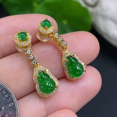 古玩玉器鎦金鑲嵌帝王綠翡翠耳墜 1對（正冰種滿綠）拍賣，當前價格598元