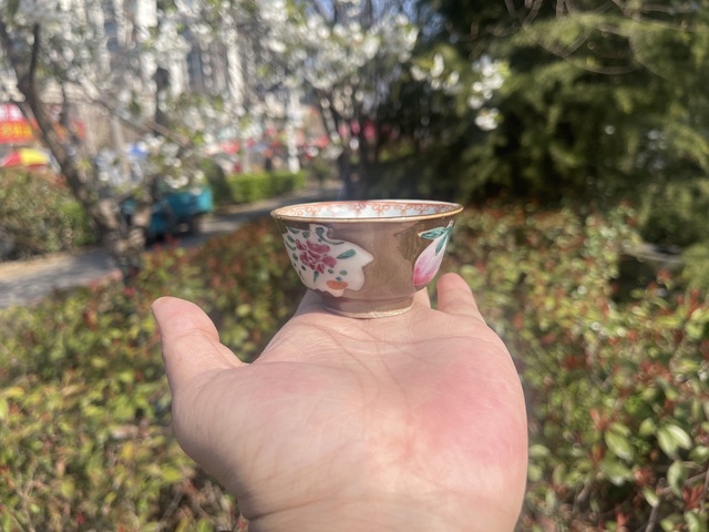 古玩陶瓷醬釉粉彩花卉杯真品鑒賞圖