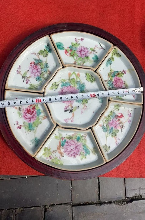 古玩陶瓷粉彩花鳥九子攢盤真品鑒賞圖