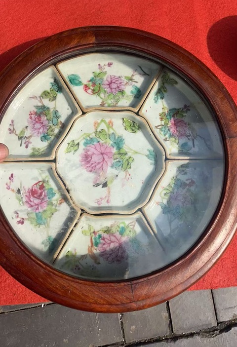 古玩陶瓷粉彩花鳥九子攢盤真品鑒賞圖