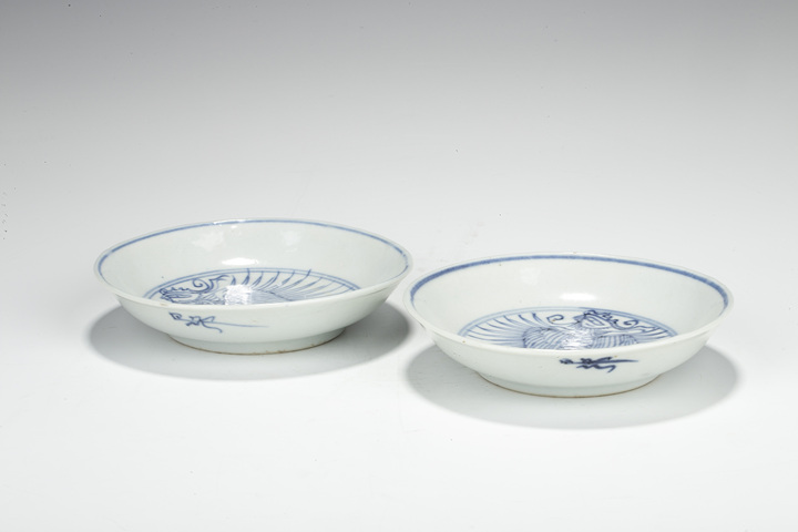 古玩陶瓷清康雍·青花線描鳳紋小盤一對拍賣，當前價格2000元