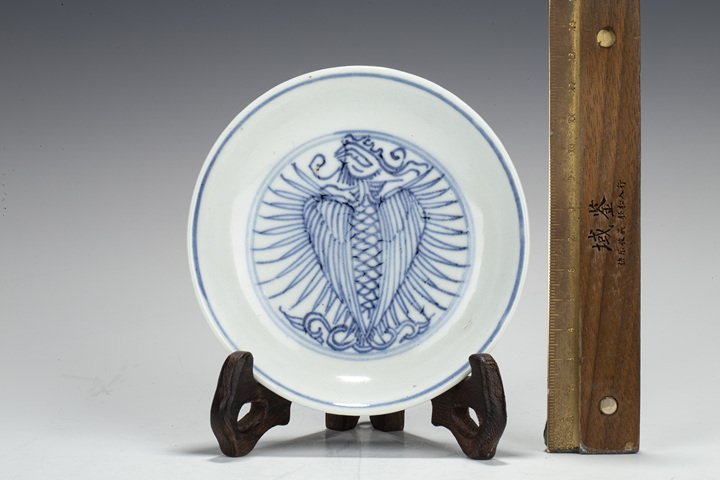 古玩陶瓷清康雍·青花線描鳳紋小盤一對拍賣，當前價格2000元