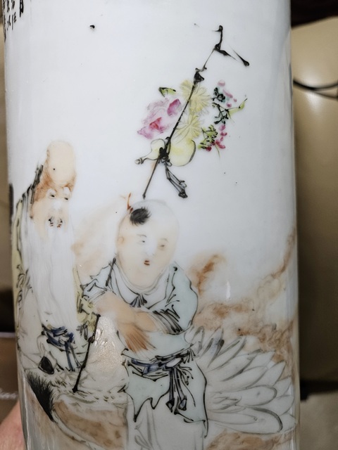古玩陶瓷淺絳人物帽筒真品鑒賞圖