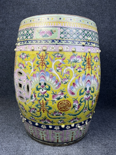 古玩陶瓷黃地粉彩福壽紋大繡墩真品鑒賞圖