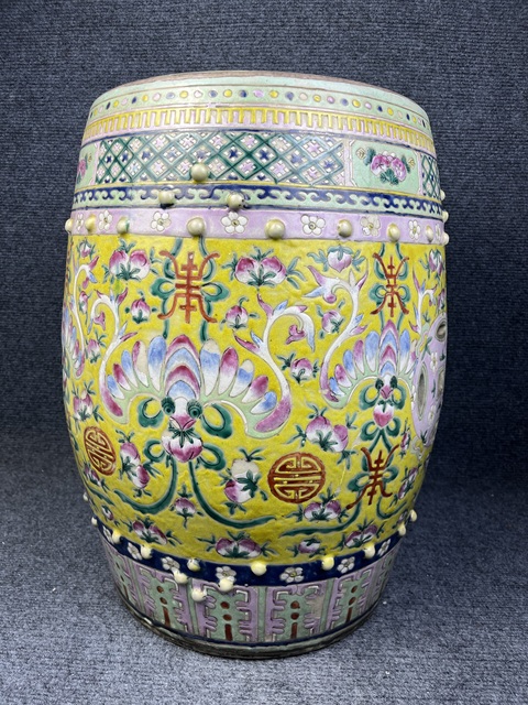 古玩陶瓷黃地粉彩福壽紋大繡墩真品鑒賞圖