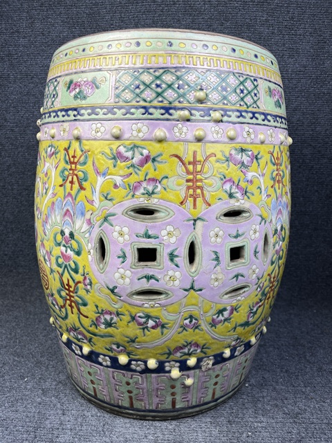古玩陶瓷黃地粉彩福壽紋大繡墩真品鑒賞圖